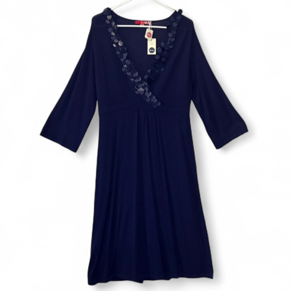 Boden Navy Blue Wool Dress with Paillette Sequin Crossover V-Neck Dress